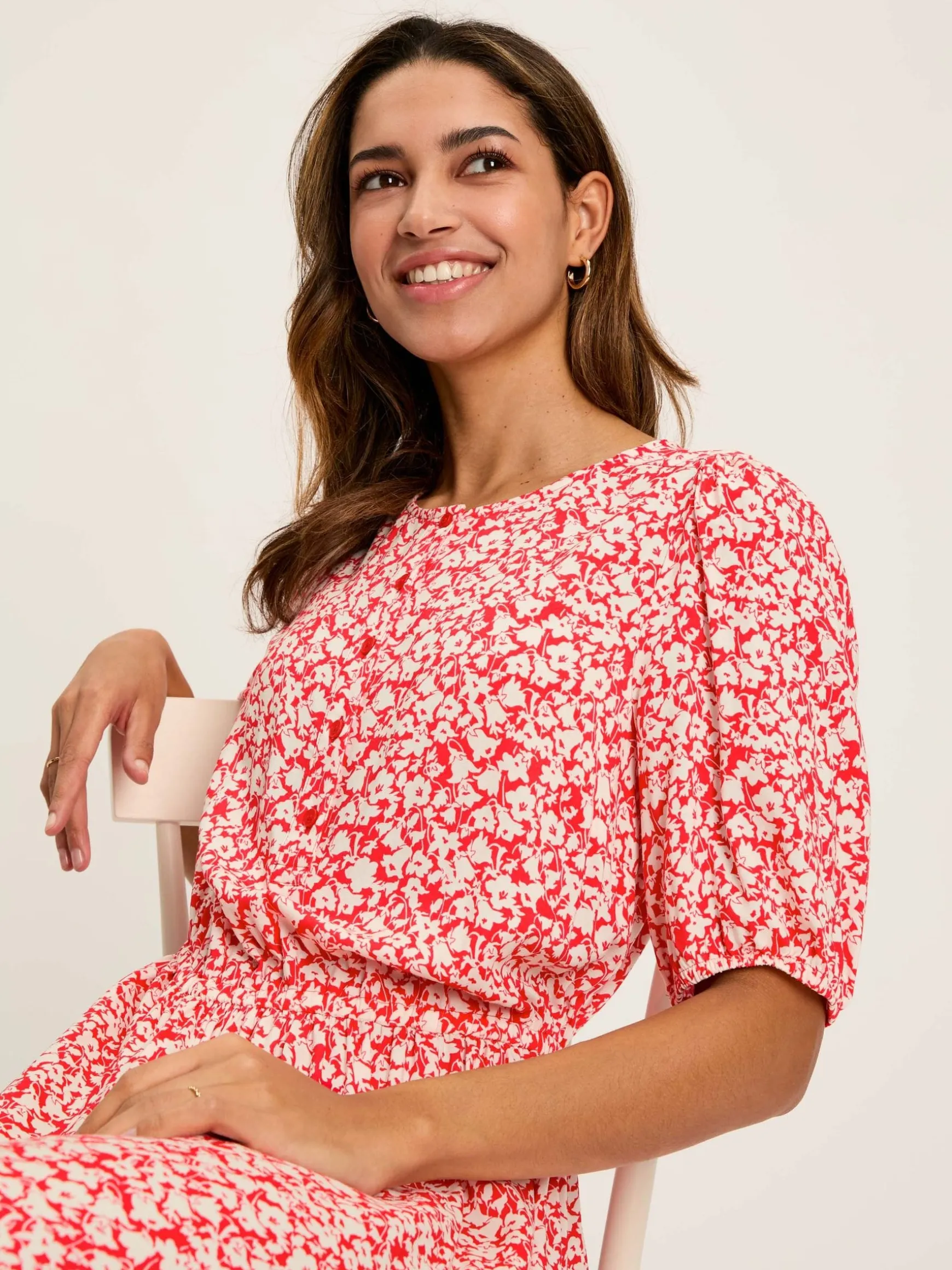 Adele Red Floral Button Down Midi Dress with Slit