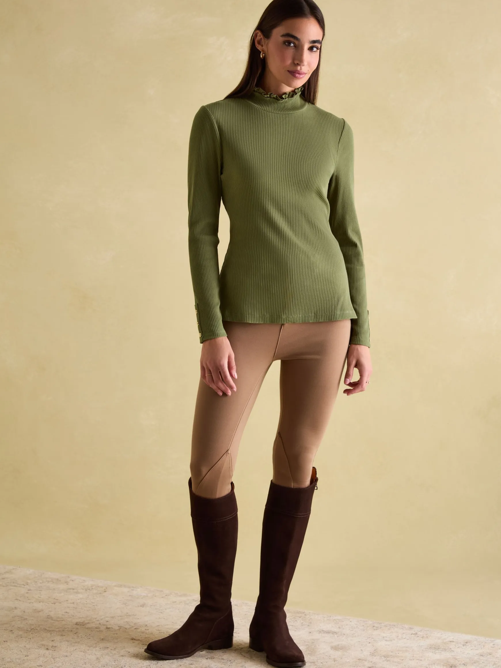 Amy Green Ribbed Long Sleeve High Neck Jersey Top