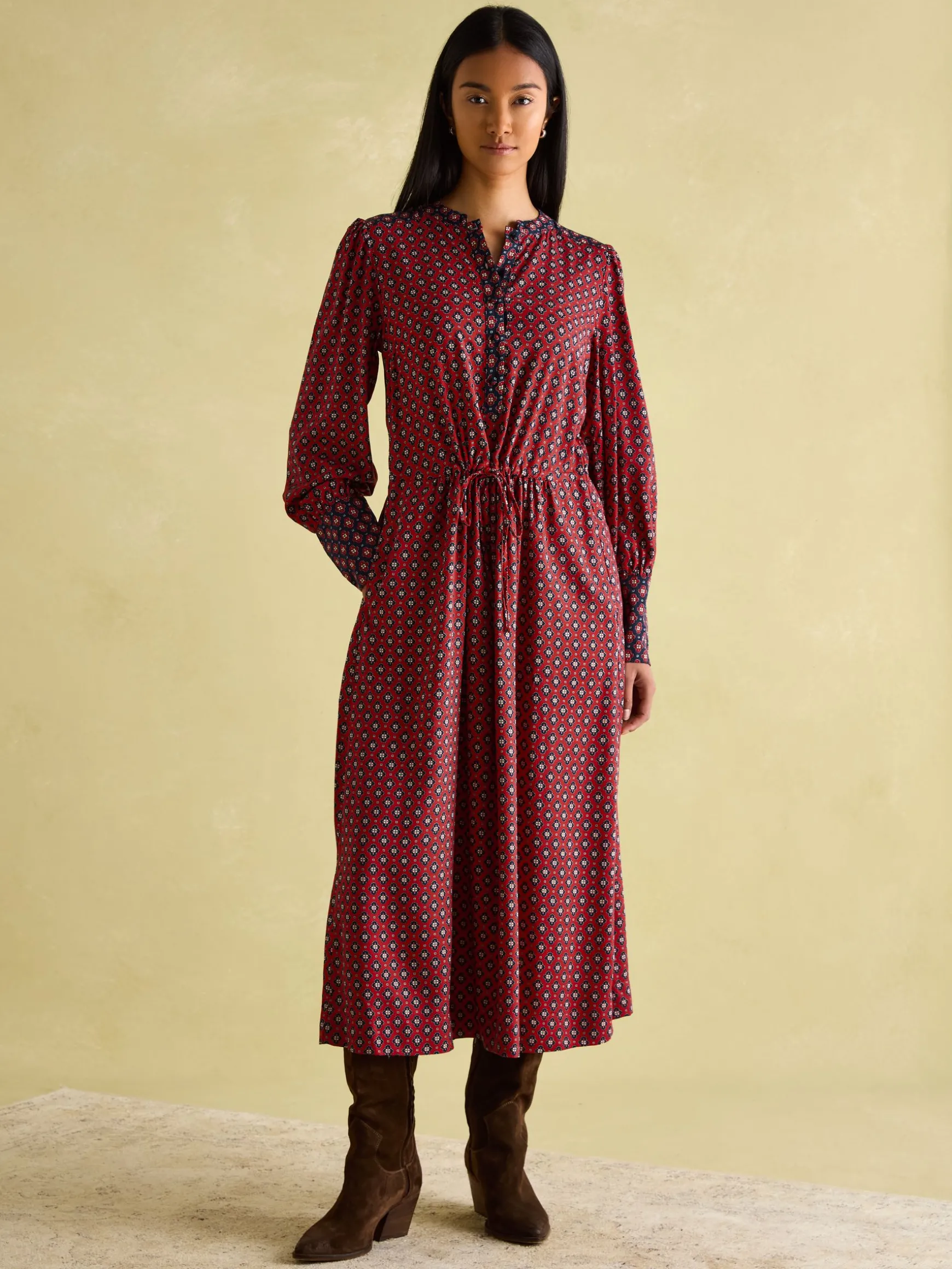Aster Red and Navy Tie Waist Midi Dress