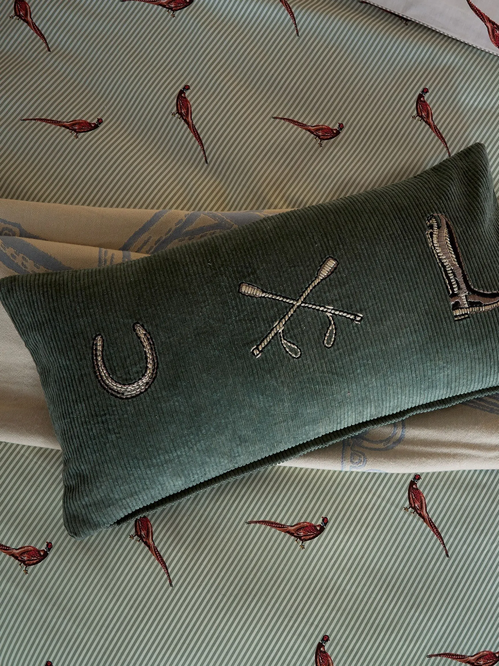 Back to the Country Green 100% Cotton Equestrian Corduroy Cushion