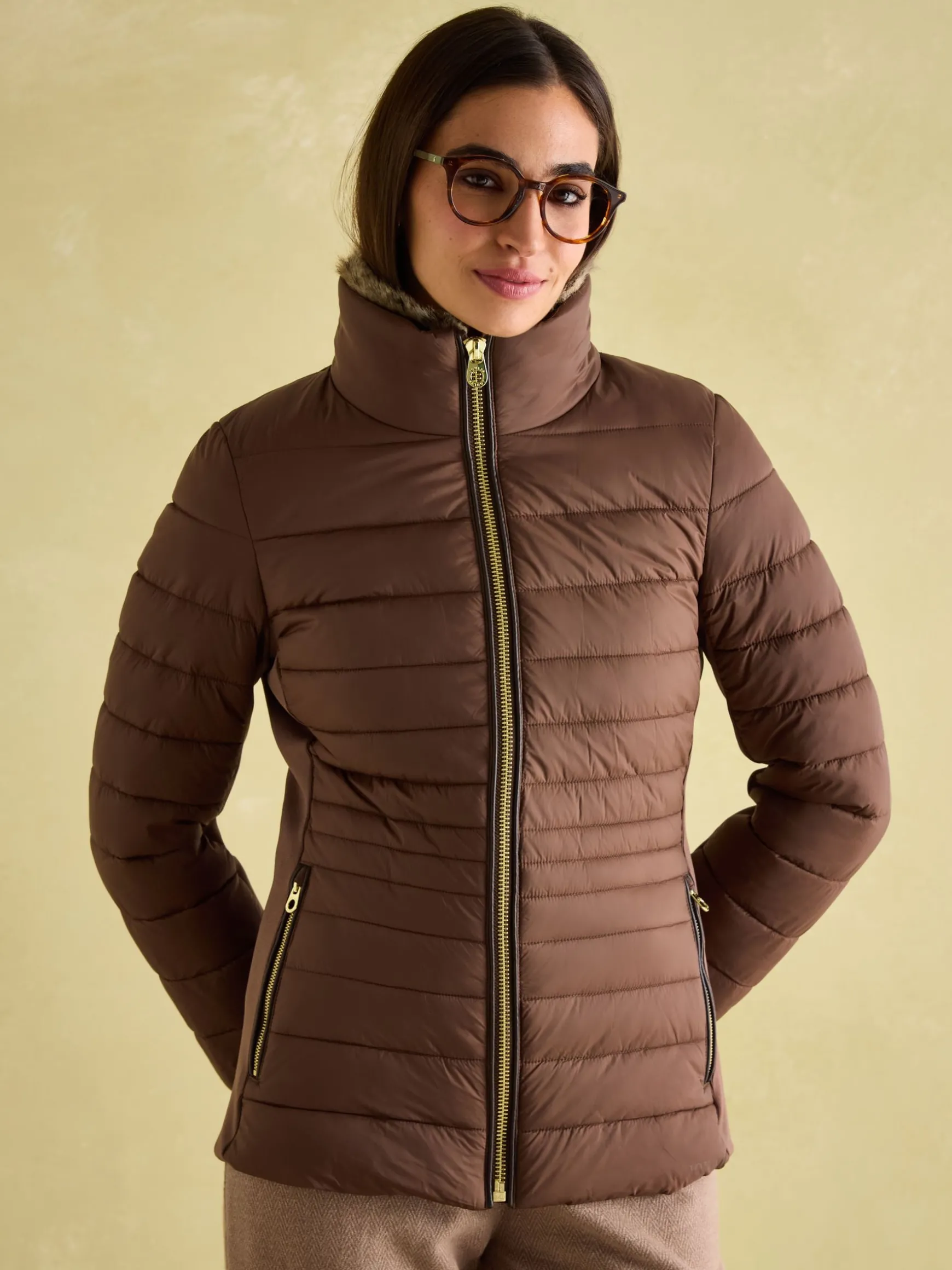 Beckley Brown Padded Showerproof Jacket with Faux Fur Trim