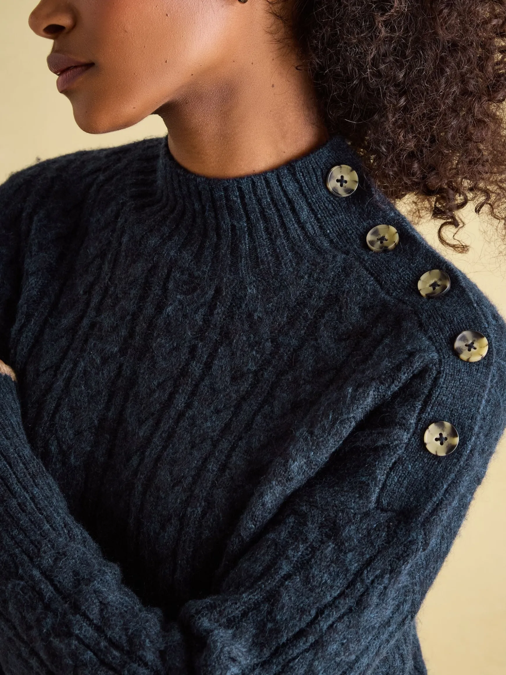 Betsy Navy Button Shoulder Cable Jumper