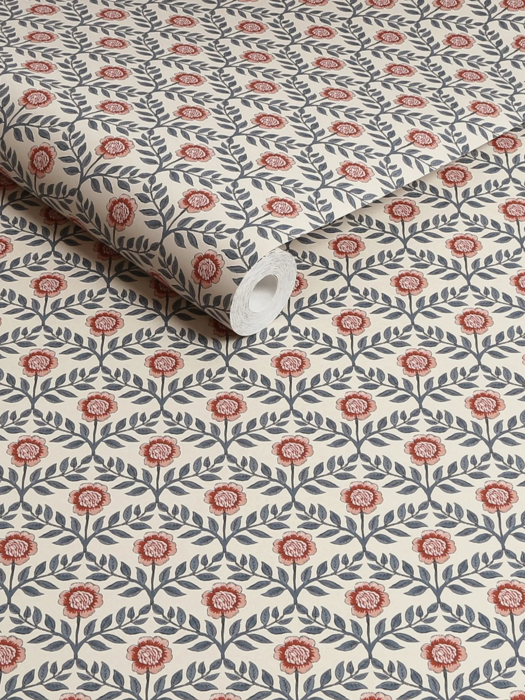 Cream/Blue Stately Floral Print Cream/Blue 10M Wallpaper