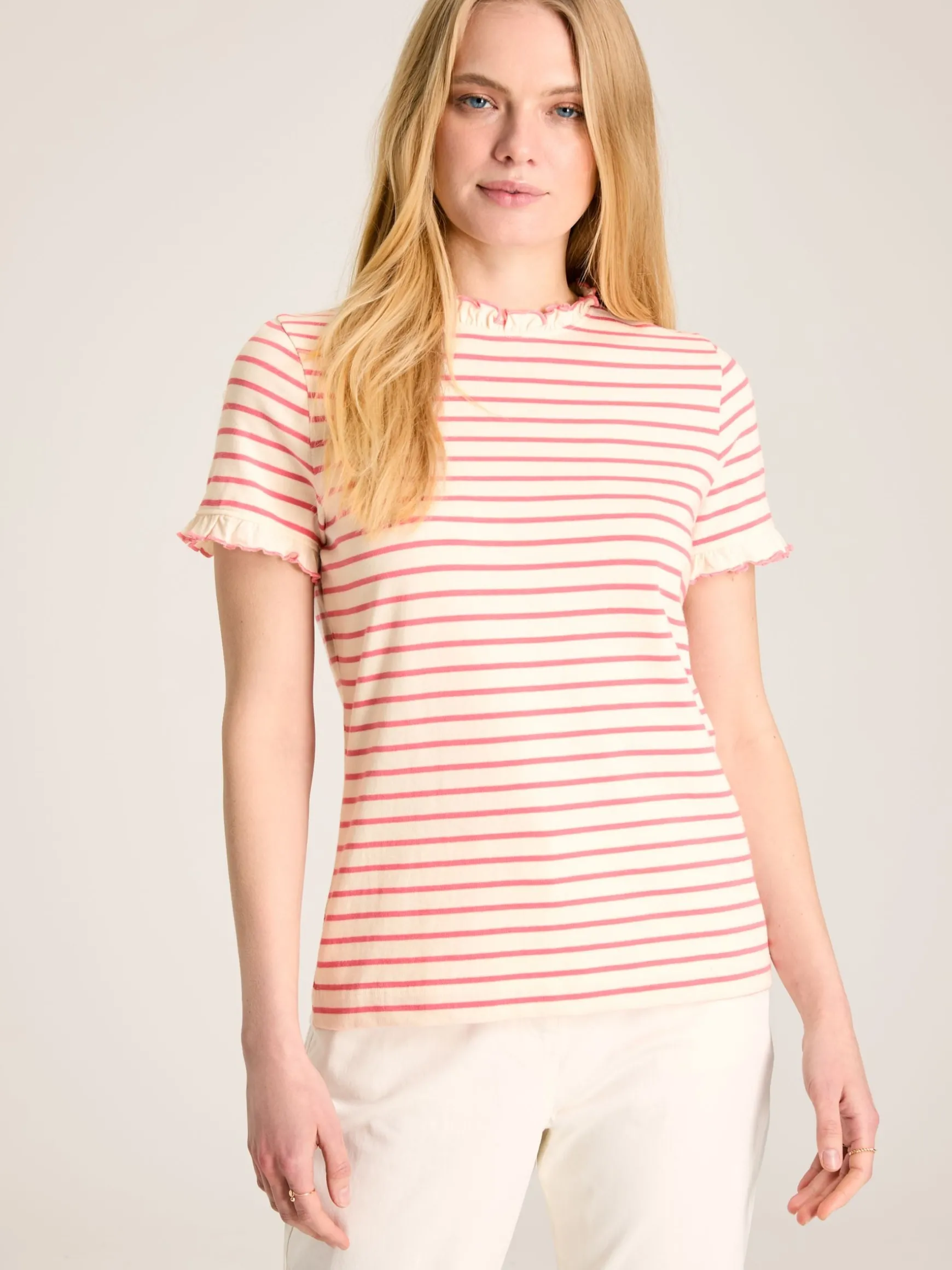 Daisy Pink/Cream Short Sleeve Frilled Neck Top