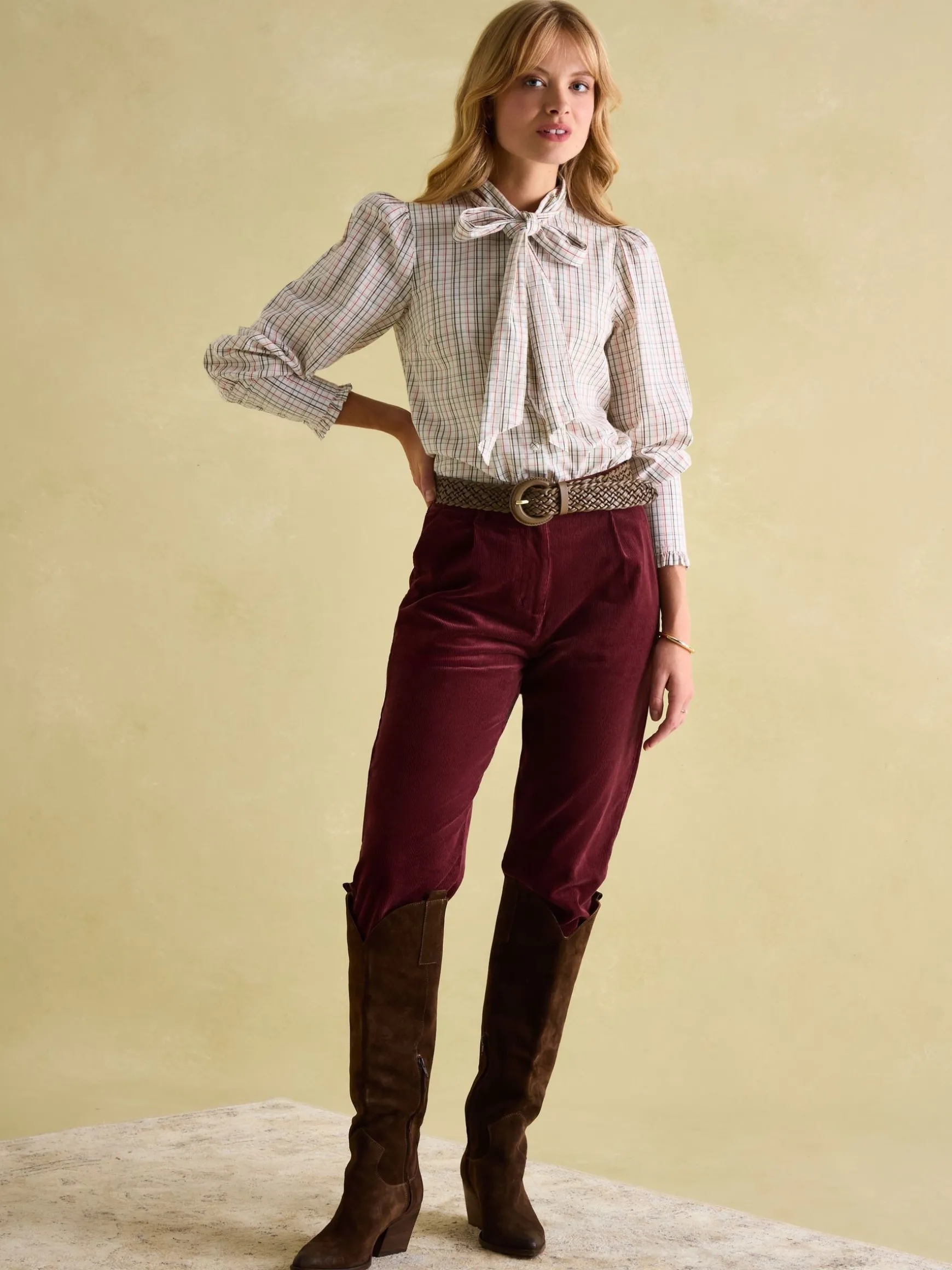 Everly Check Tie Neck Blouse