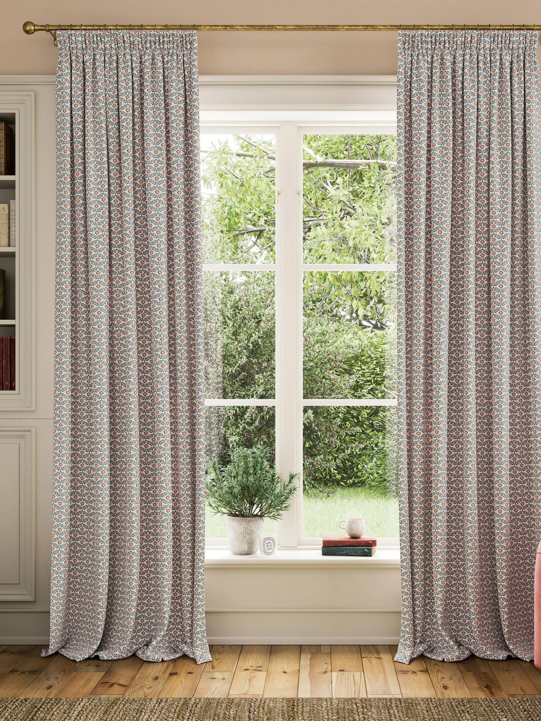 Floral Foulard Set of 2 Blue & Cream Blackout Pencil Pleat Curtains