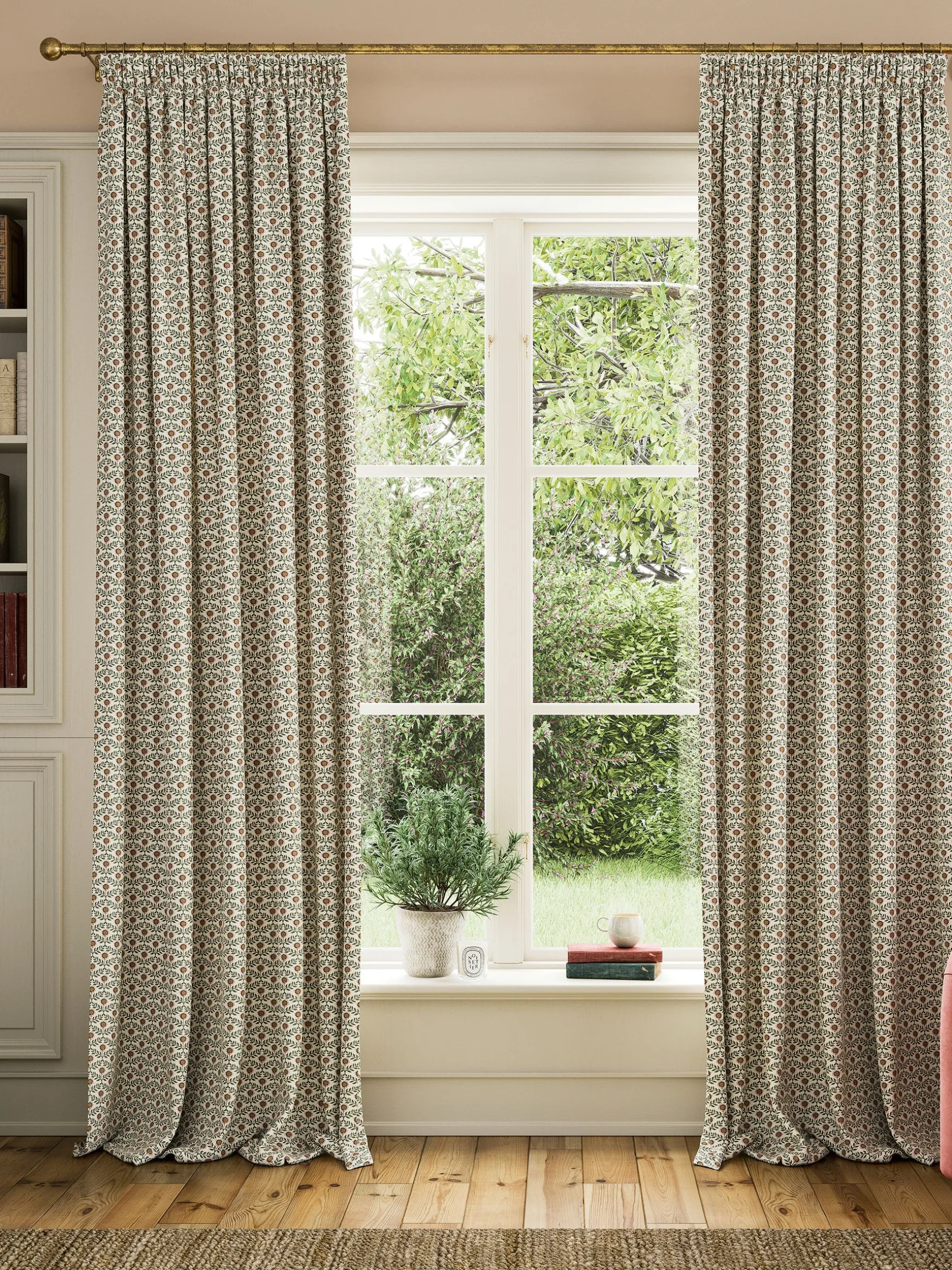 Floral Foulard Set of 2 Green & Cream Blackout Pencil Pleat Curtains