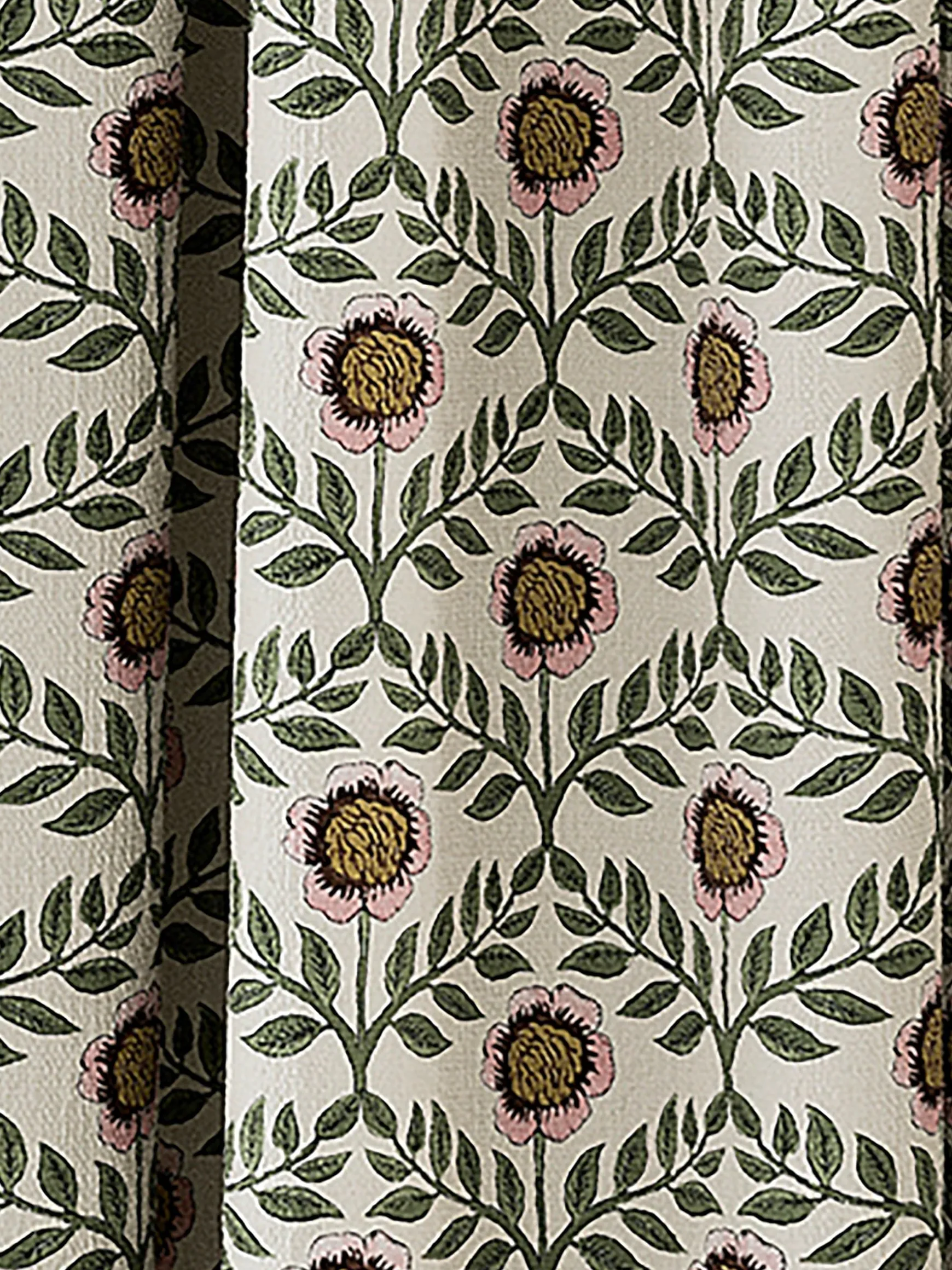 Floral Foulard Set of 2 Green & Cream Blackout Pencil Pleat Curtains
