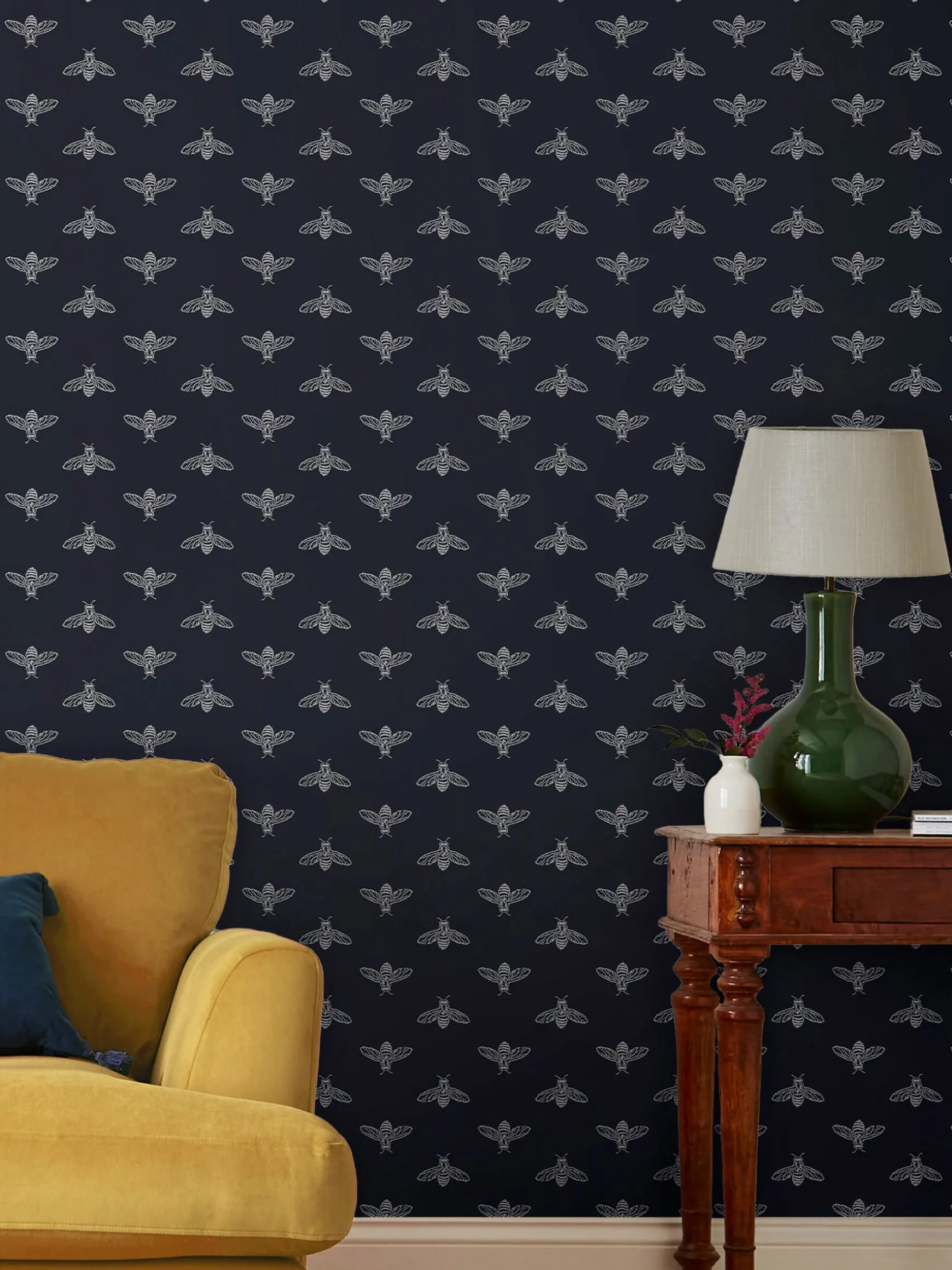French Navy Block Print Bee 10M Wallpaper