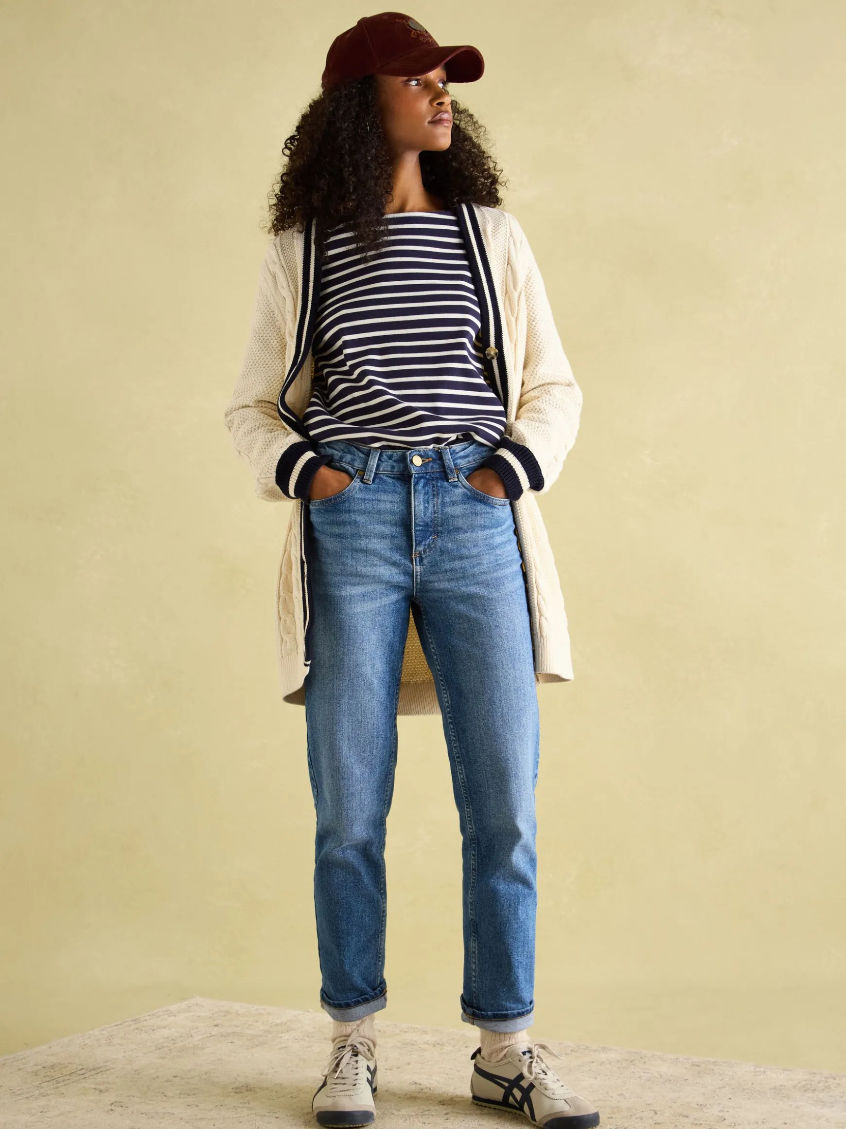 Game Point Cream/Navy Button Through Longline Cable Knit Cardigan