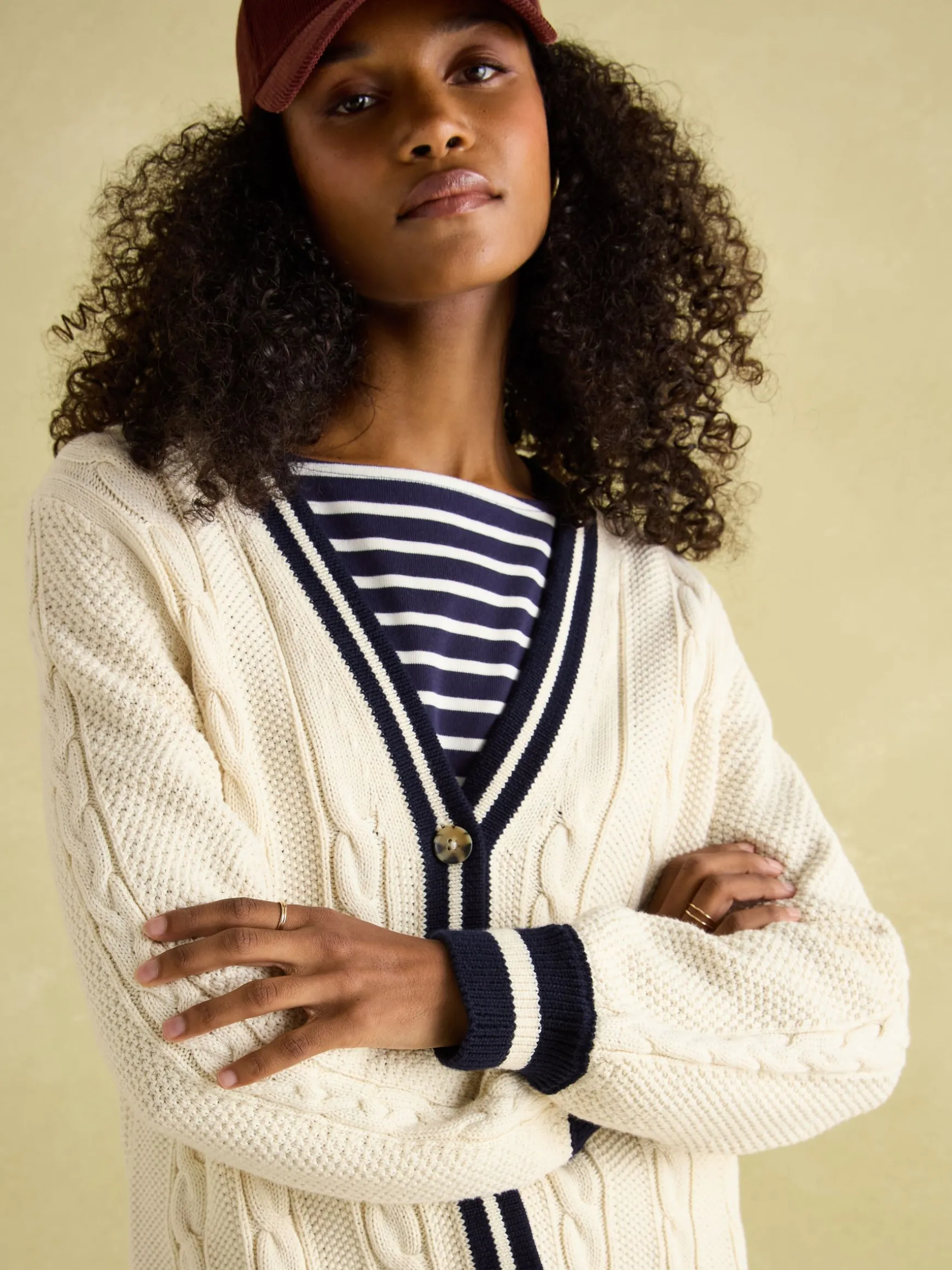Game Point Cream/Navy Button Through Longline Cable Knit Cardigan