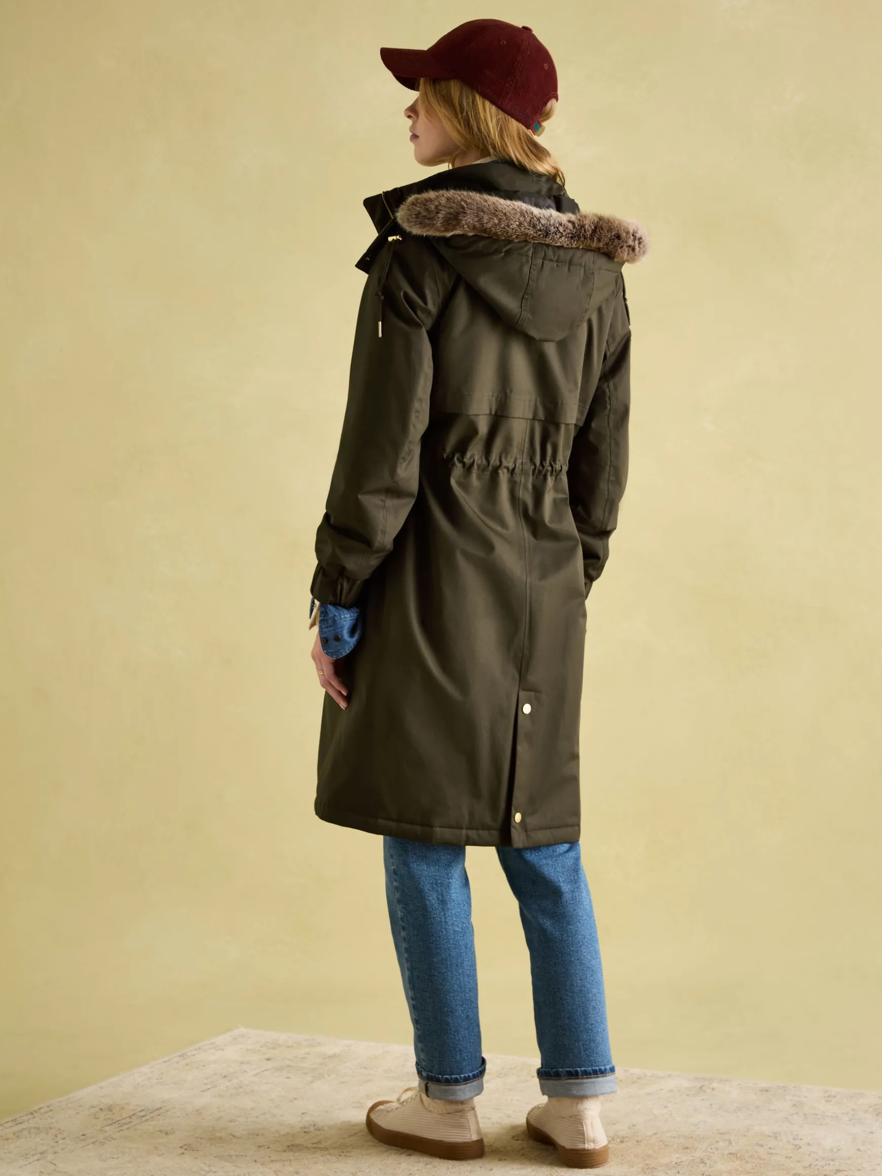 Harpsden Cosy Khaki Green Waterproof Fleece Lined Raincoat with Faux Fur Hood
