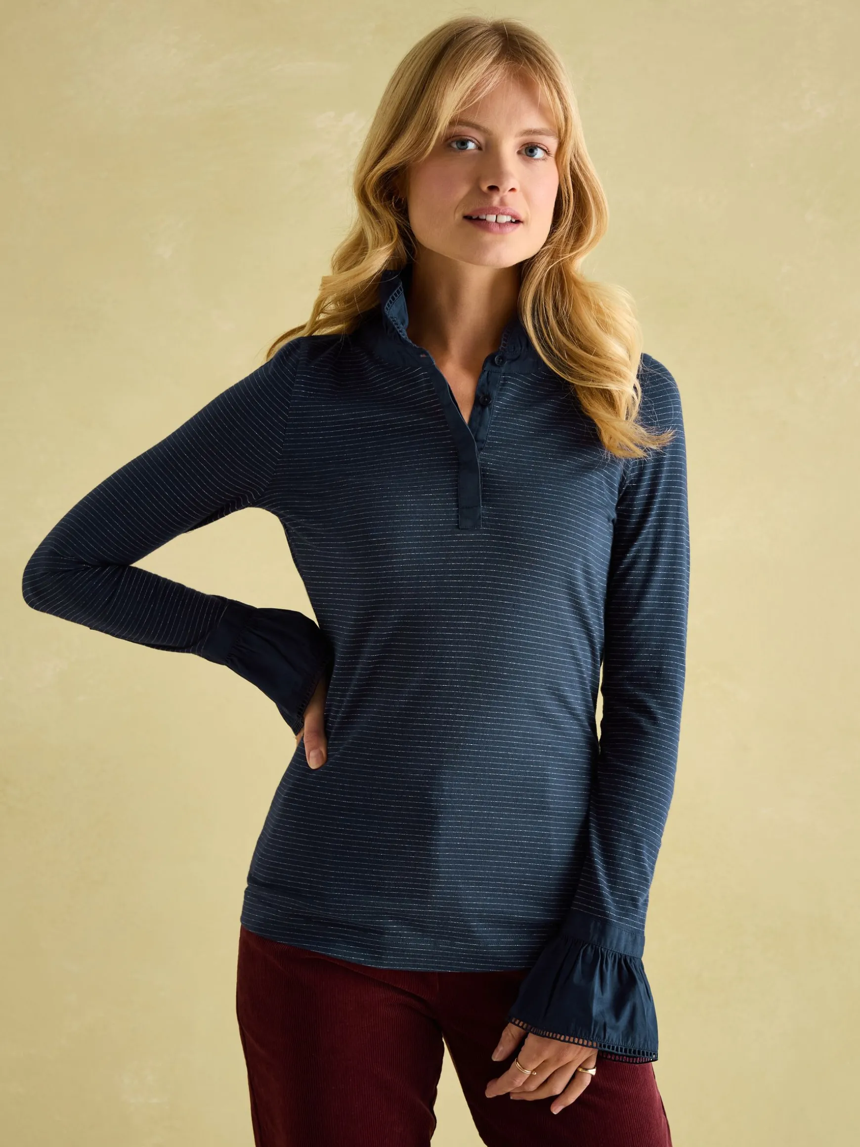 Kate Navy Sparkle Long Sleeve Frilled Neck Top
