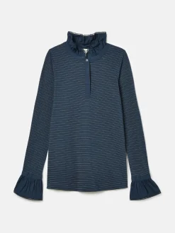 Kate Navy Sparkle Long Sleeve Frilled Neck Top
