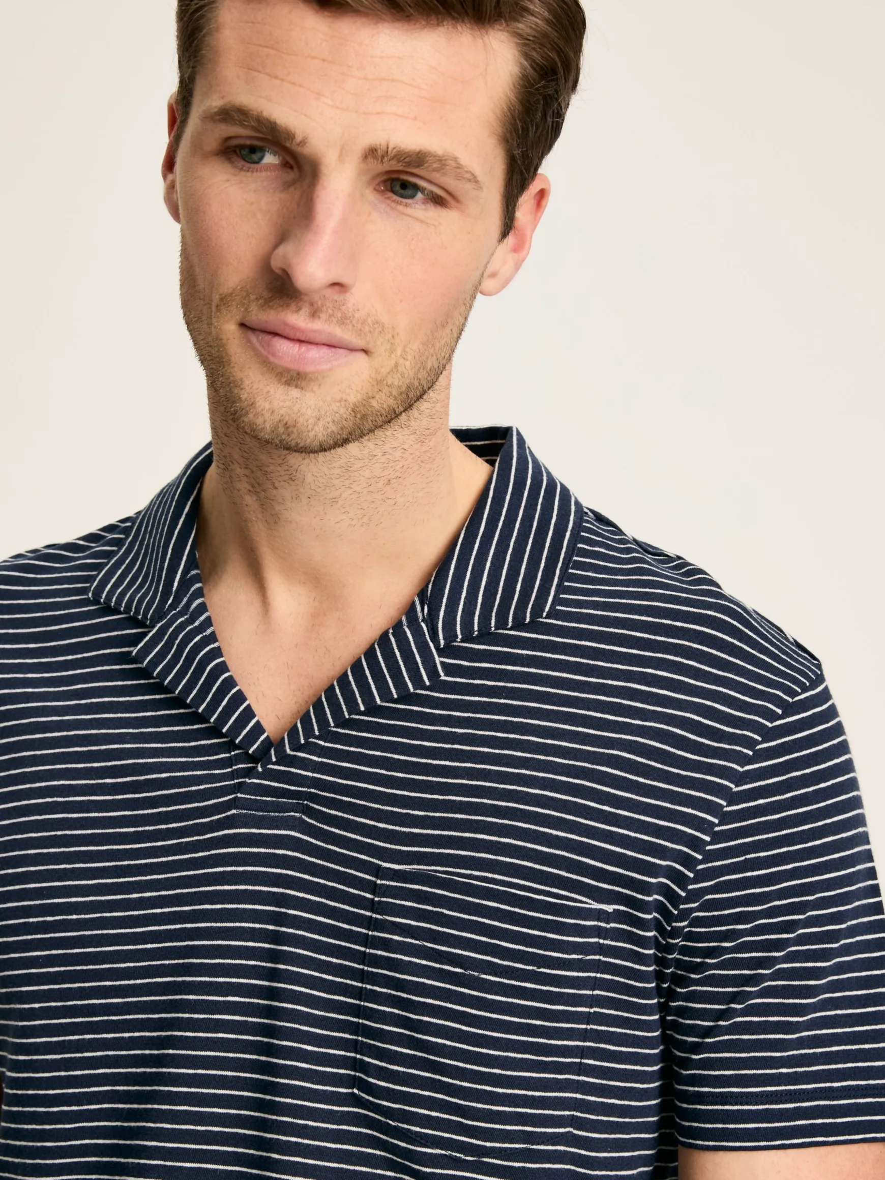 Linen Blend Navy Blue Striped Polo Shirt
