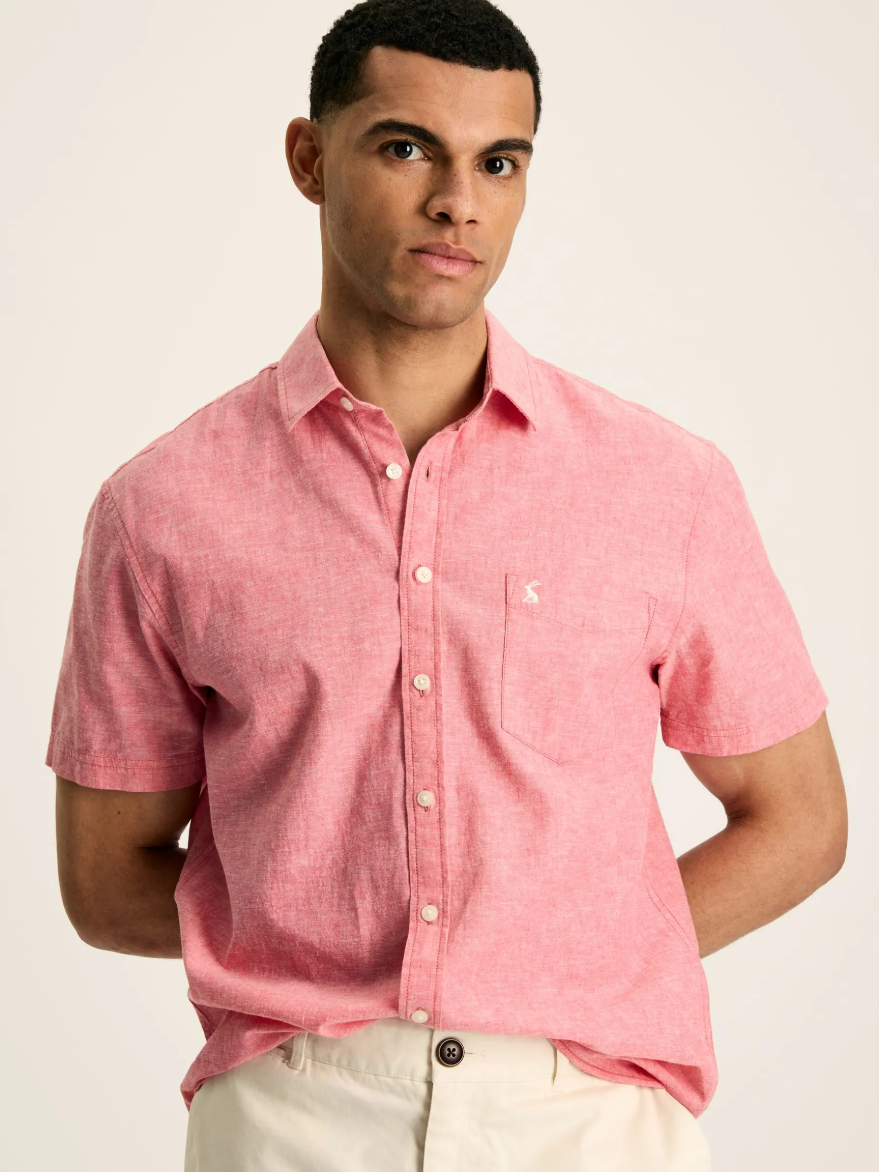 Linen Blend Pink Plain Short Sleeve Shirt