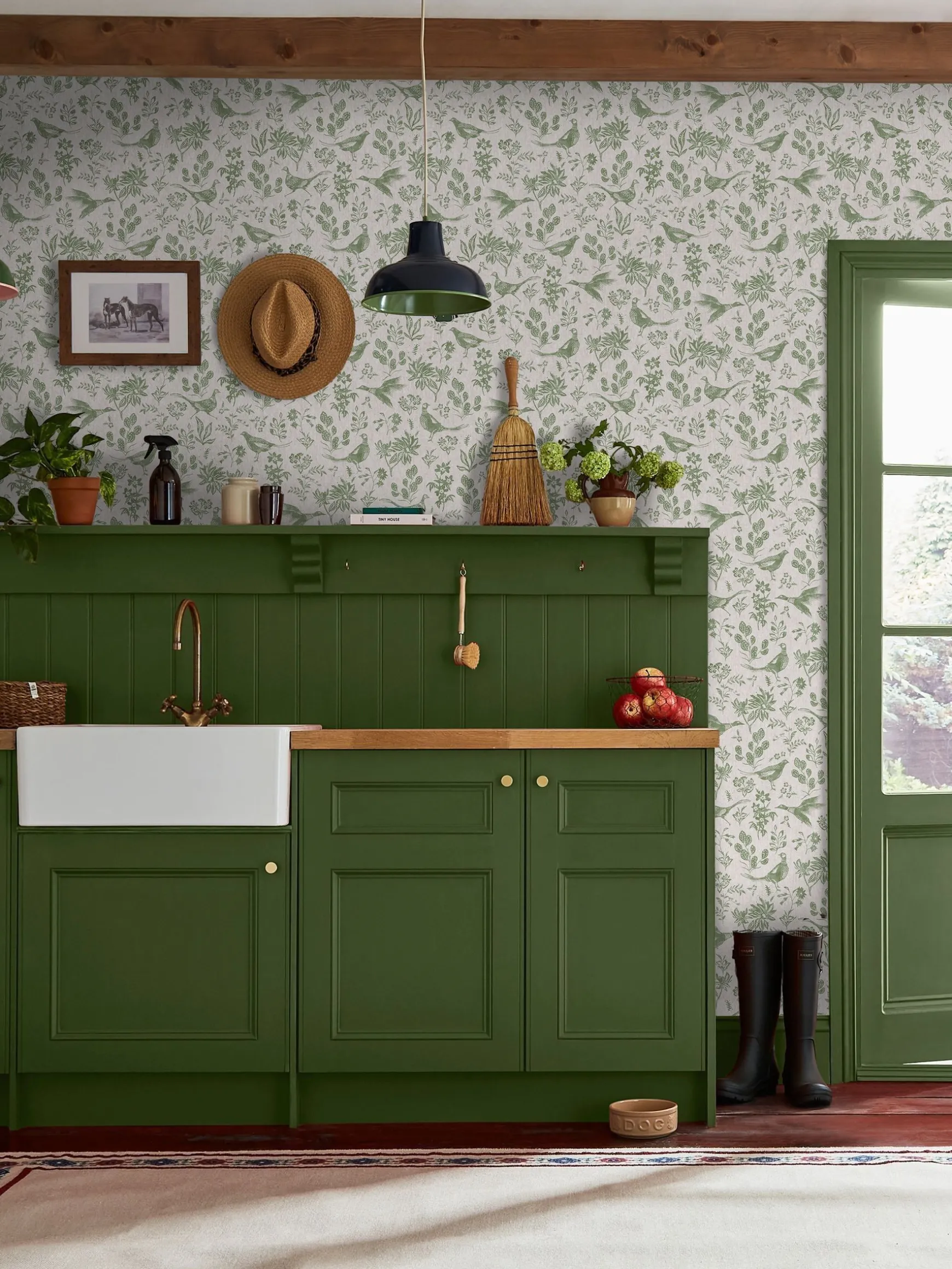Linen Green Pheasant Print 10M Wallpaper