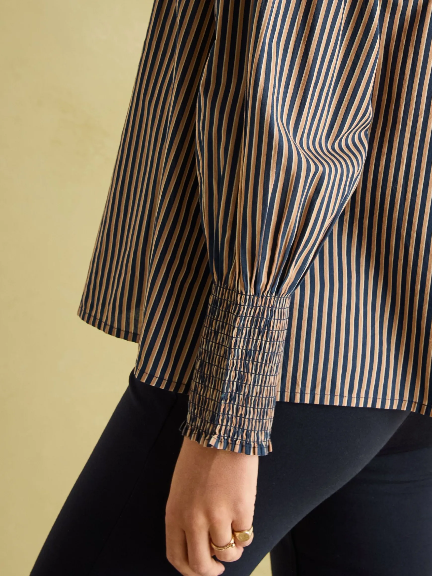 Mariella Navy Stripe Cotton Frill Neck Blouse