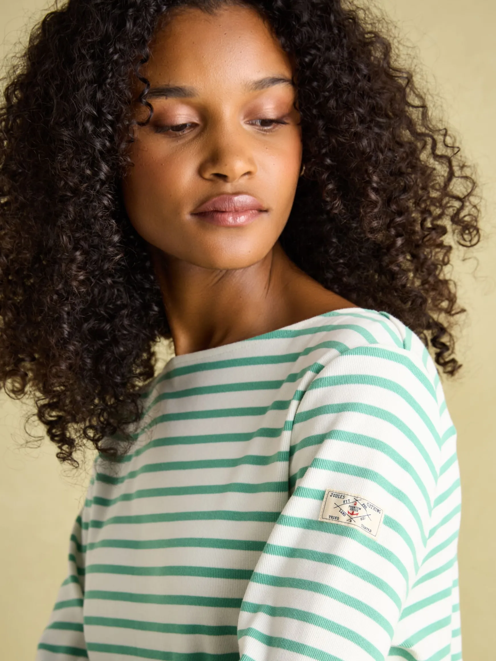 New Harbour Cream & Green Striped Boat Neck Breton Top